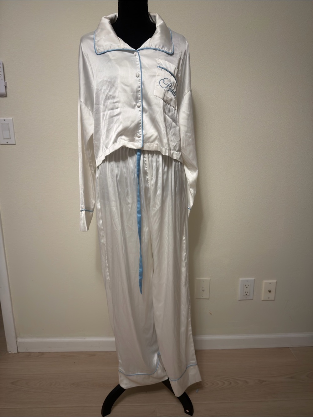 Women's White Satin Pajama Set with Light Blue Trim
